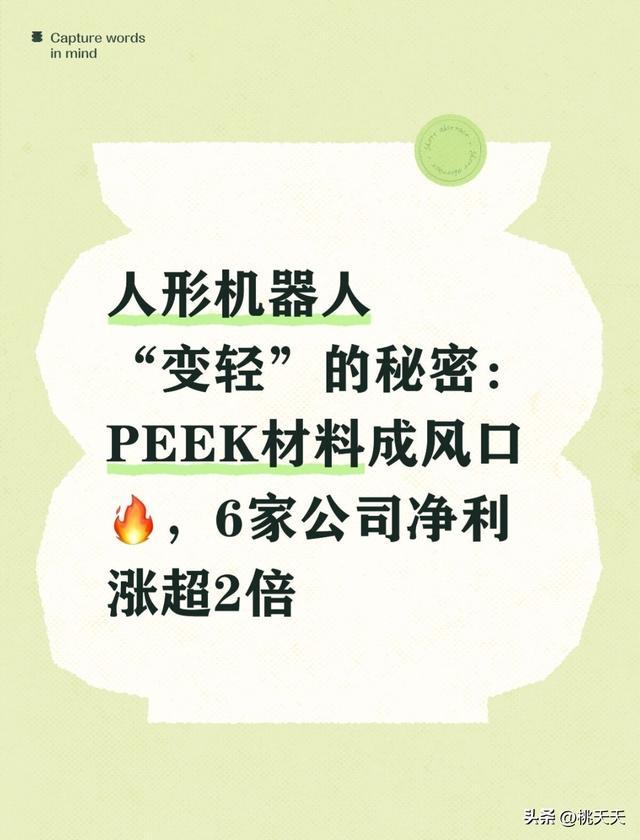 人形机器人“变轻”的秘密：PEEK材料成风口6家公司净利涨超2倍